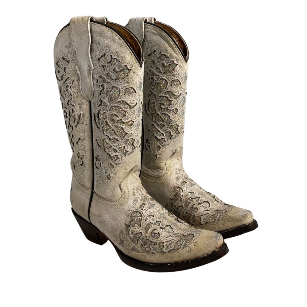 Corral Teens size 2.5 off/white/tan with glitter inlay western pull on boots